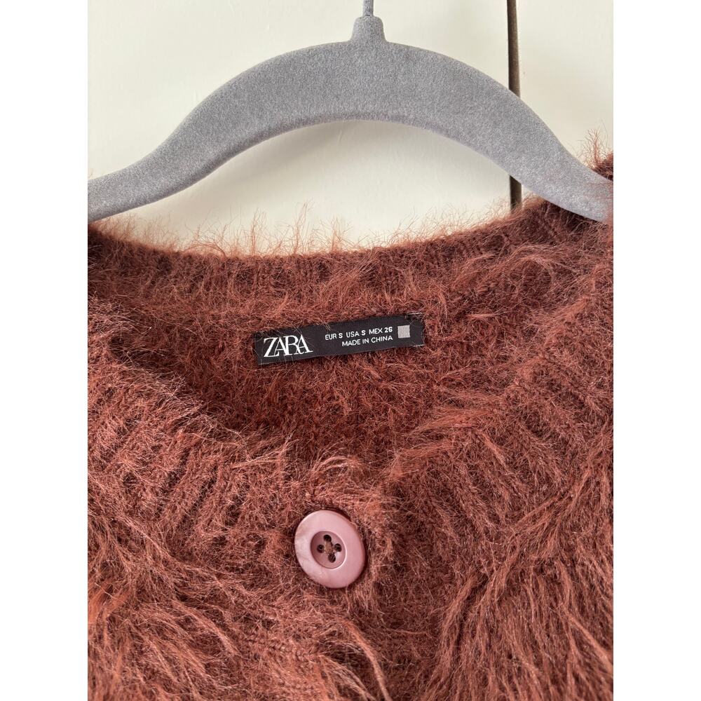 ZARA S Brown Fuzzy Cropped Cardigan Sweater - Picture 3 of 6